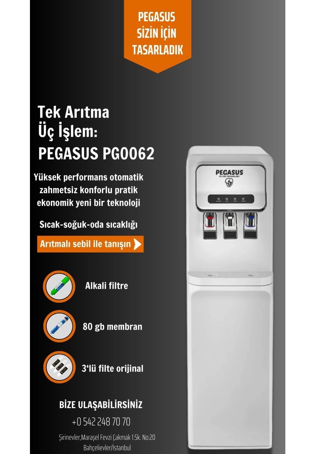 Pegasus Arıtma Pg-62 Arıtmalı Uzun Sebil Sıcak-Soğuk-Oda Sıcaklığ ürün görseli