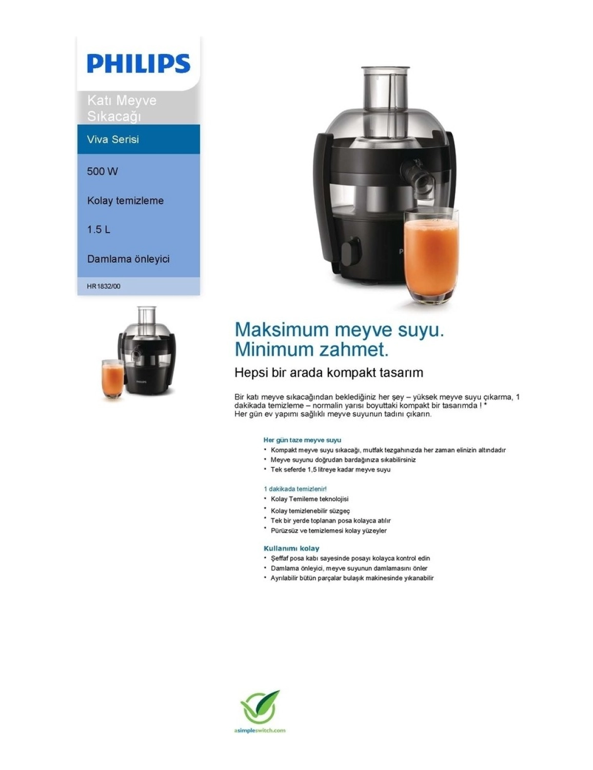 Philips Hr1832/00 Avance Collection Siyah 500 W Katı Meyve Sıkacağı - Görsel 2