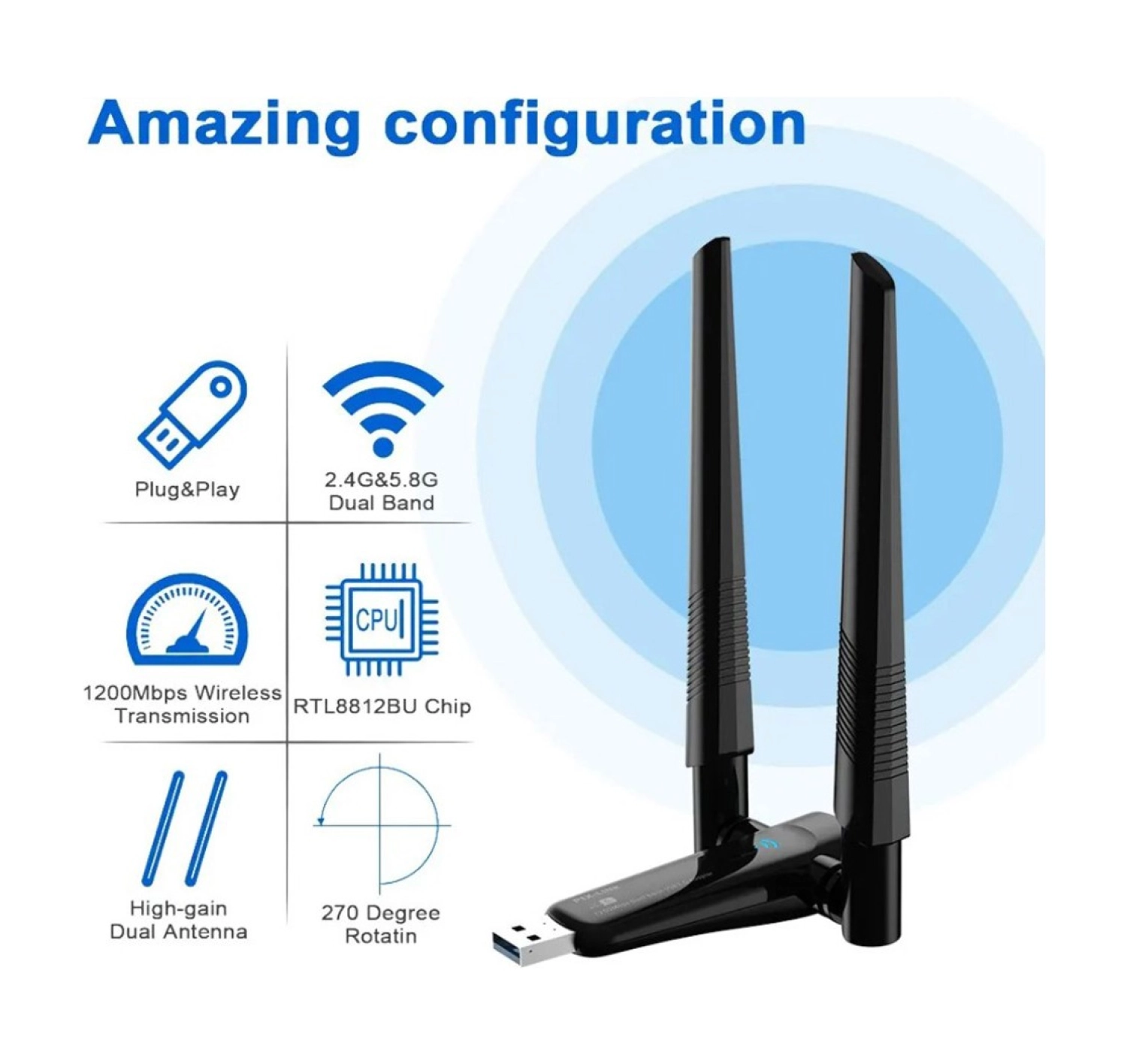 Platoon Pl-9340 Ac1200 867Mbps 5Ghz + 300Mbps 2.4 Ghz Çift Anten Wireless Usb Adaptör - Görsel 2
