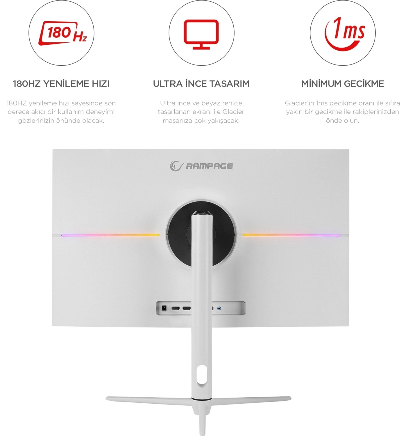 Rampage Glacier Gl27R180Q 27" Qhd 2K 180Hz 1Ms Ips G-Sync/Freesync Rgb Pivot Beyaz Oyuncu Monitörü - Görsel 2