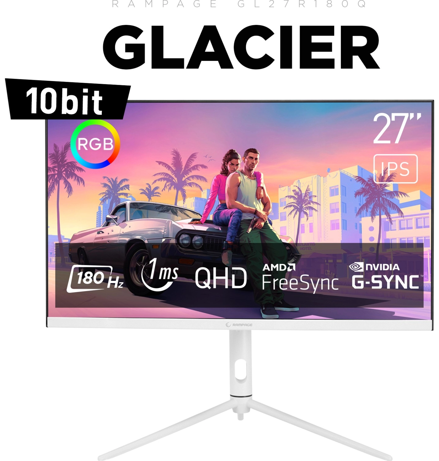 Rampage Glacier Gl27R180Q 27" Qhd 2K 180Hz 1Ms Ips G-Sync/Freesync Rgb Pivot Beyaz Oyuncu Monitörü ürün görseli