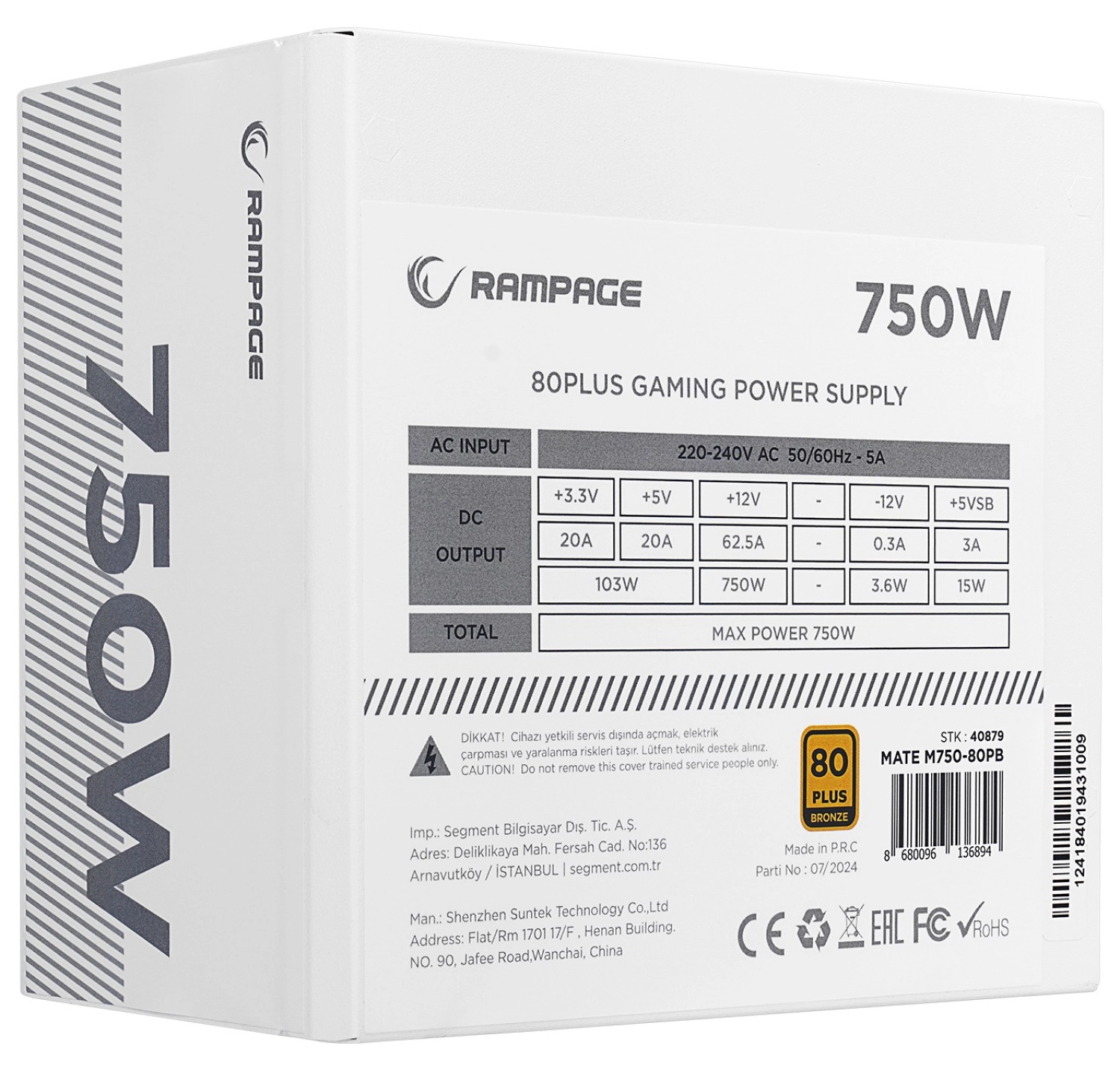 Rampage Mate M750-80Pb 750W 12Cm Fan Full Modular 80 Plus Bronze Aktif Pfc Beyaz Power Supply - Görsel 3