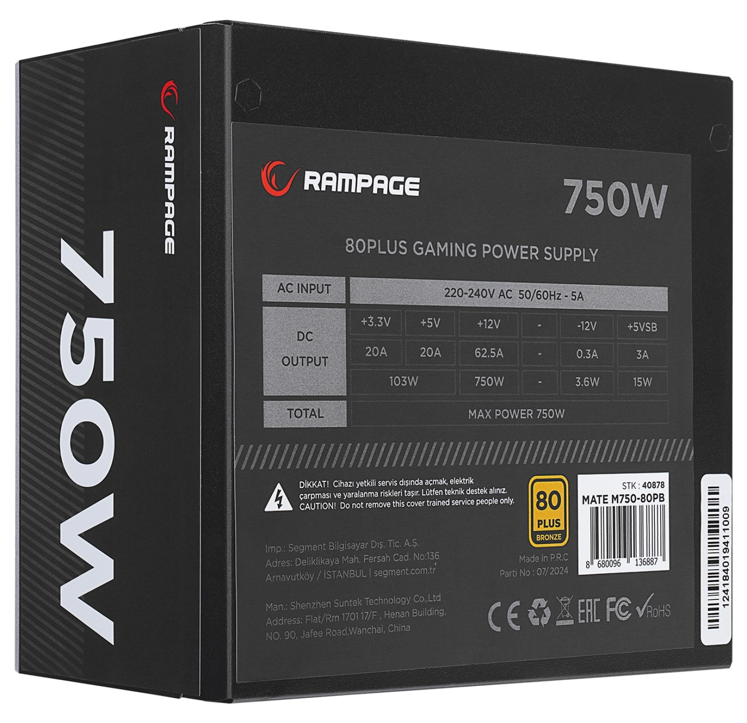 Rampage Mate M750-80Pb 750W 12Cm Fan Full Modular 80 Plus Bronze Aktif Pfc Siyah Power Supply - Görsel 3