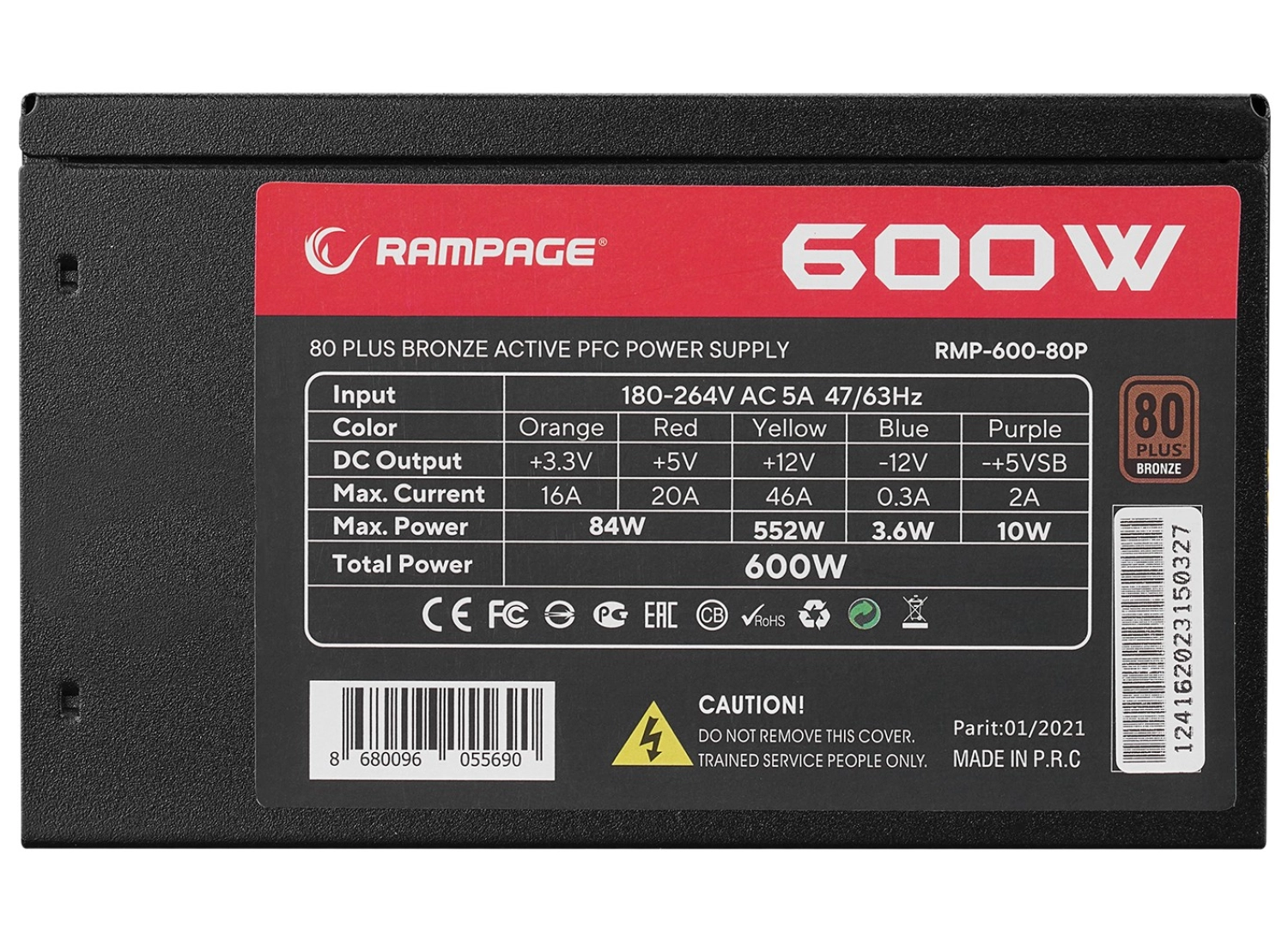Rampage Rmp-600-80P 600W 80 Plus 12Cm Fan Aktif Pfc Power Supply - Görsel 4