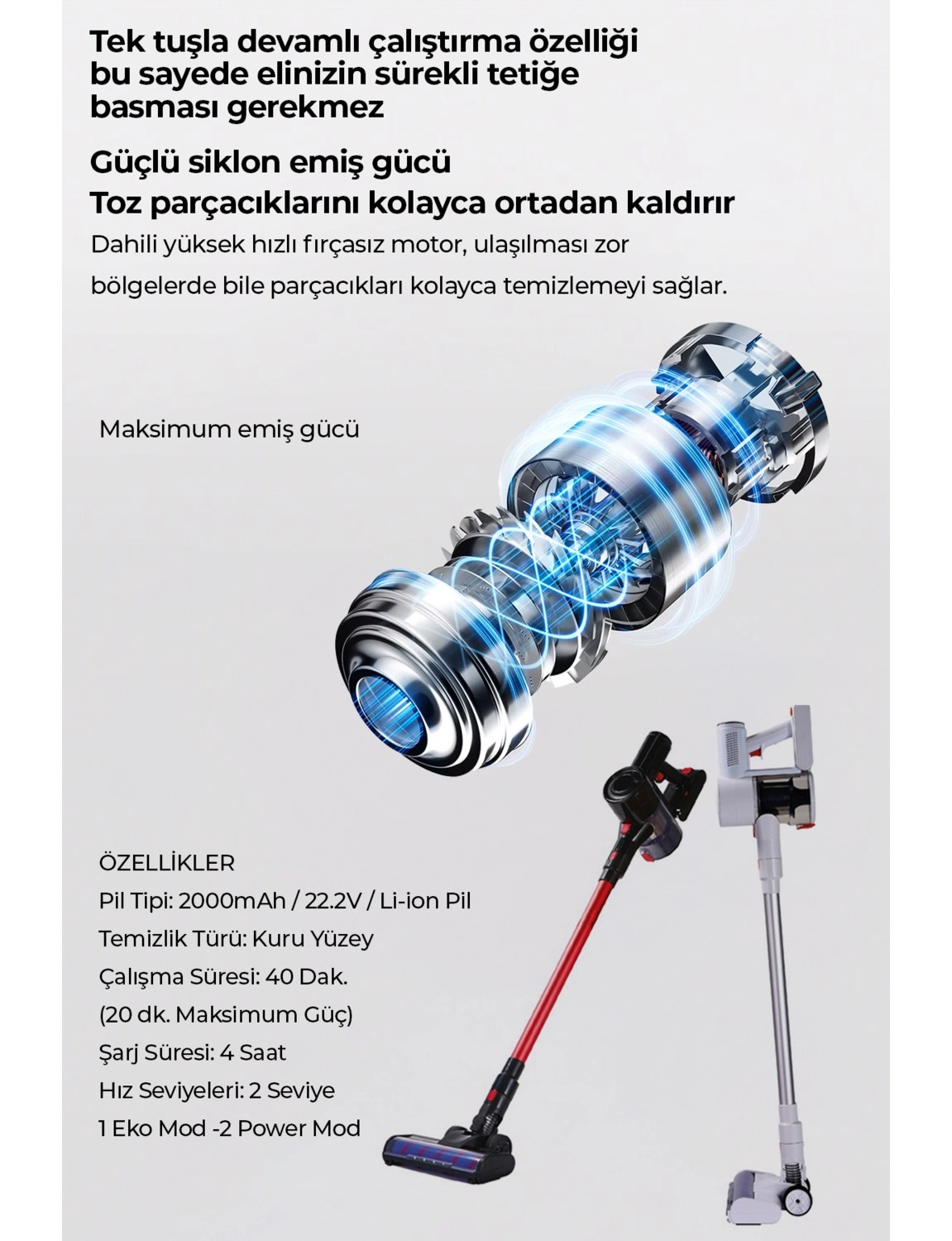 Robo Hıking Serisi Şarjlı Dikey Süpürge Beyaz - Görsel 3