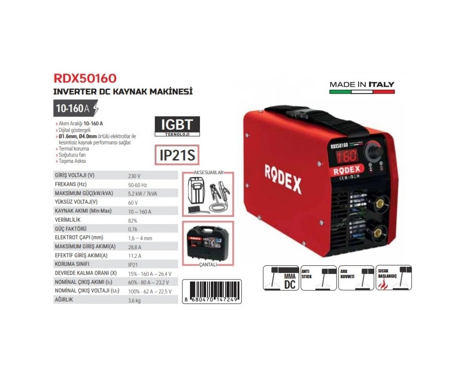 Rodex inverter Dc Kaynak Makinası 10-160A - Görsel 3