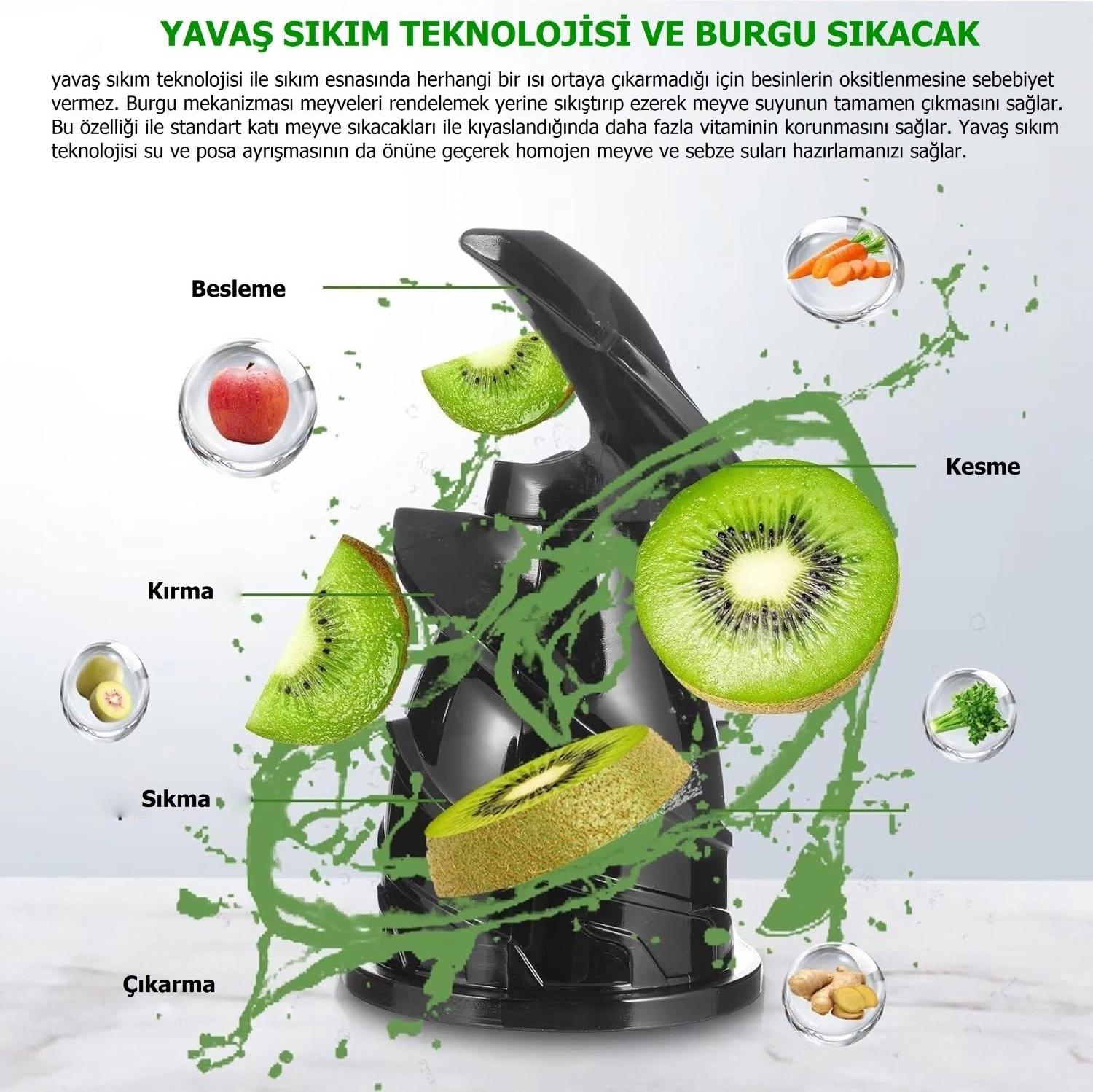 Rowenger Pue-2109N Slow Juicer 200 W Katı Meyve Sıkacağı - Görsel 3