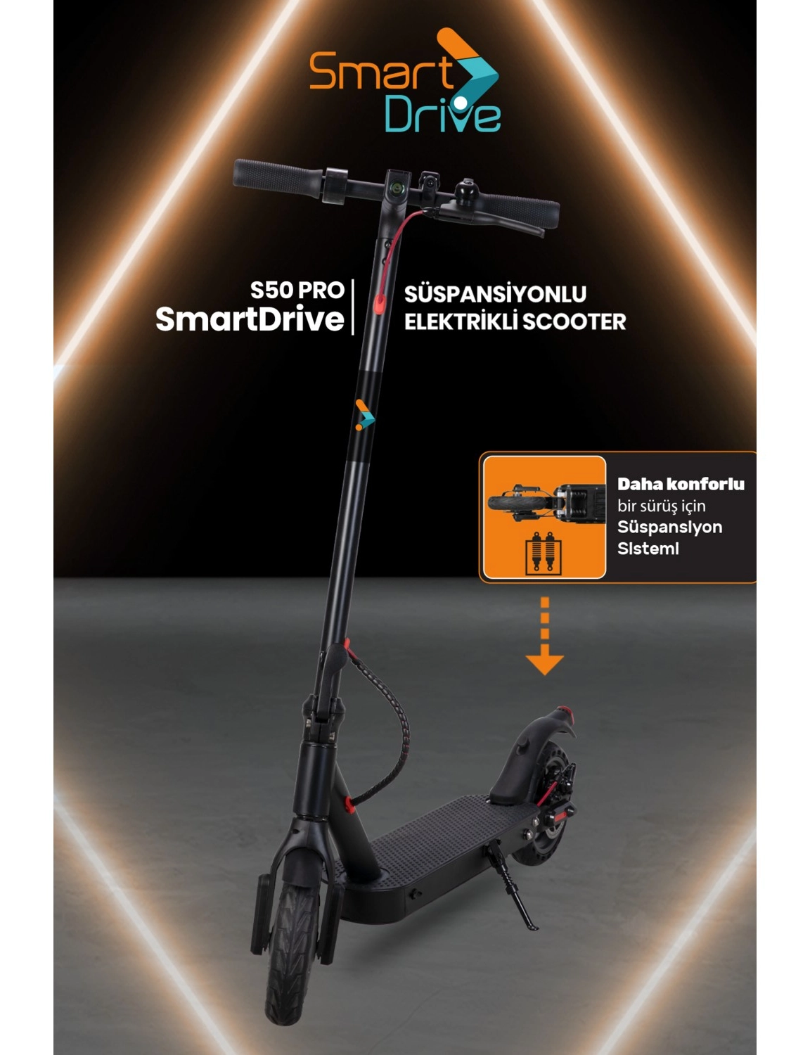 Smart Drive S50 Led Ekranlı Patlamaz Tekerlekli Fırçasız Motorlu Farlı Katlanabilir Taşınabilir Süspansiyonlu Elektrikli Scooter - Görsel 4