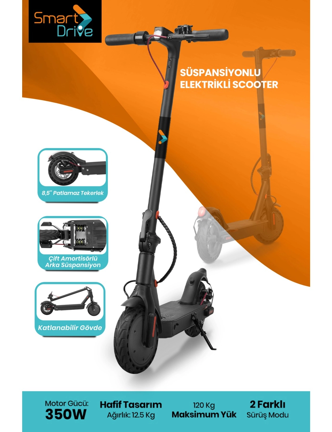 Smart Drive S50 Led Ekranlı Patlamaz Tekerlekli Fırçasız Motorlu Farlı Katlanabilir Taşınabilir Süspansiyonlu Elektrikli Scooter ürün görseli
