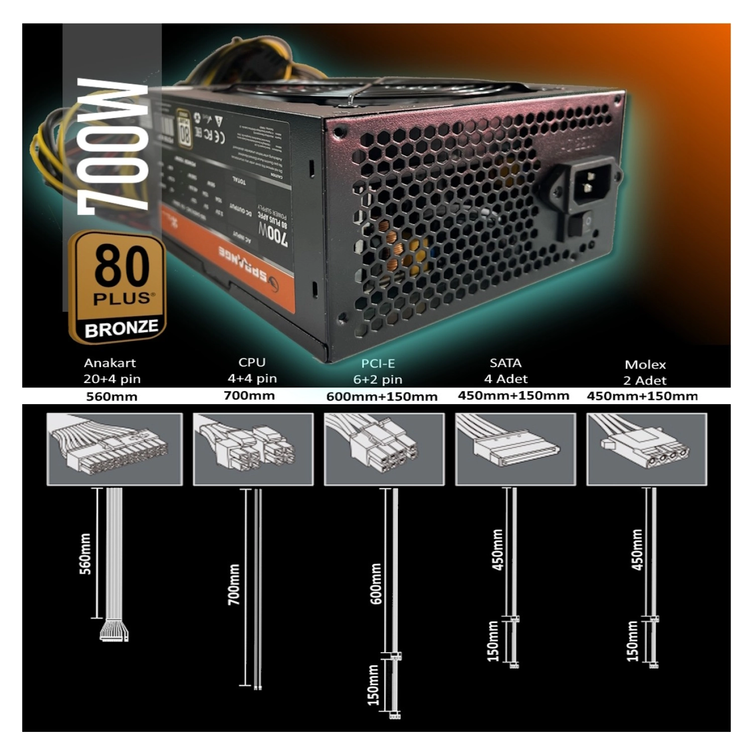 Sprange Ps700-80P 700 Watt 80 Plus Bronze Power Supply - Görsel 4