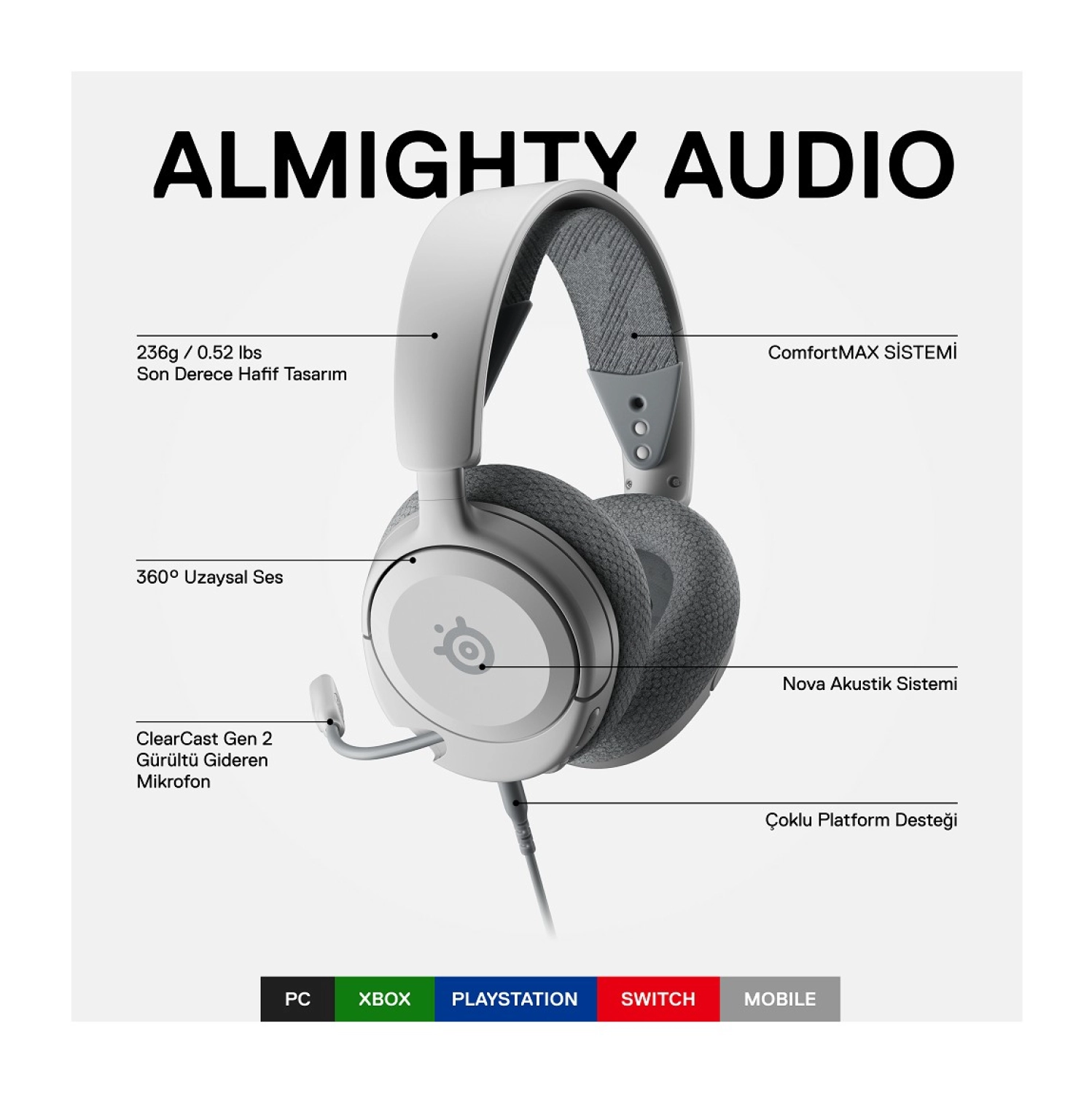 Steelseries Arctis Nova 1 Multi-System Oyun Kulaklığı - Beyaz - Görsel 4