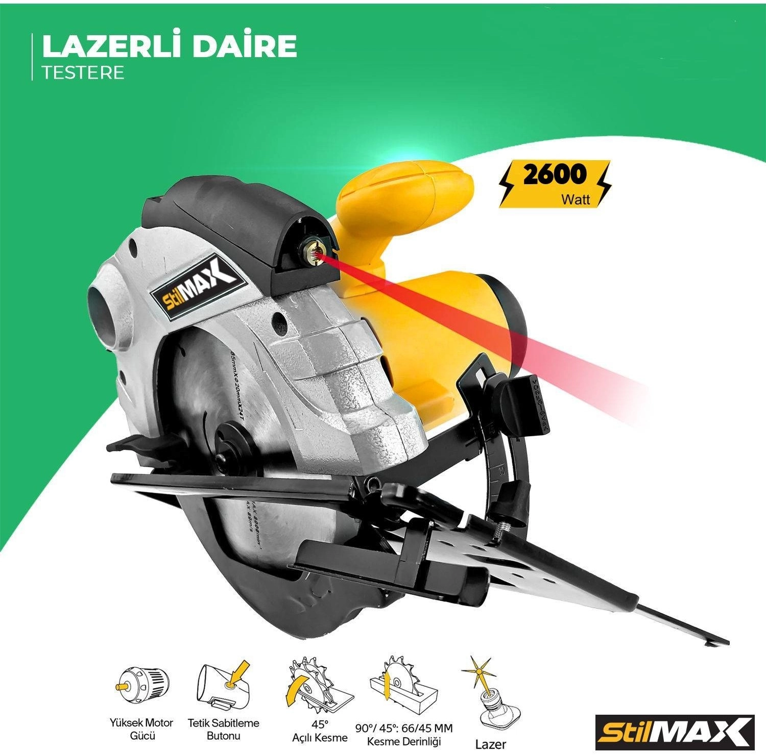 Stilmax Lazerli Daire Sunta Kesme Daire Testere Makinesi 2600 W 45' Açılı Kesim - Görsel 3