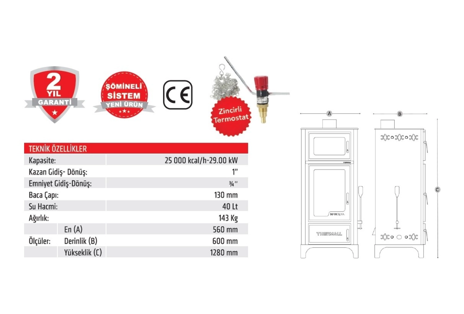 Thermall T-25 Dşk Dikey Şömine Fırınlı Kalorifer Kazanı 25.000 Kcal/H - 29,0 Kw - Görsel 4