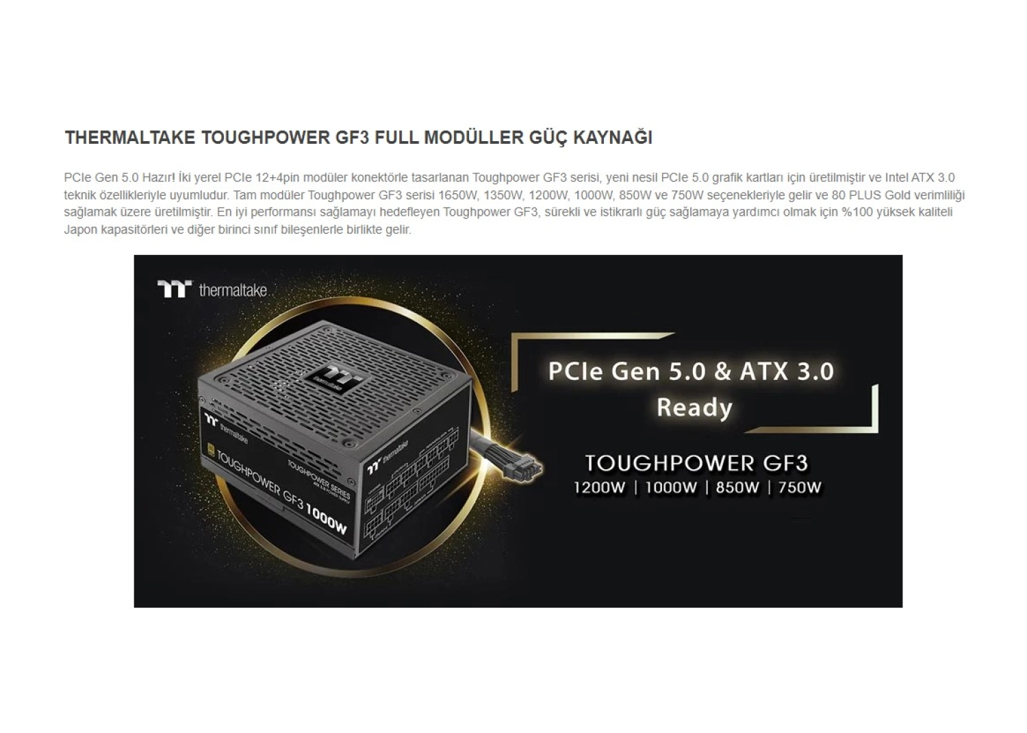 Thermaltake Toughpower Gf 3 1000W 80+ Gold Pcıe Gen 5.0 Atx 3.0 Full Modüler 140Mm Fanlı Psu - Görsel 2