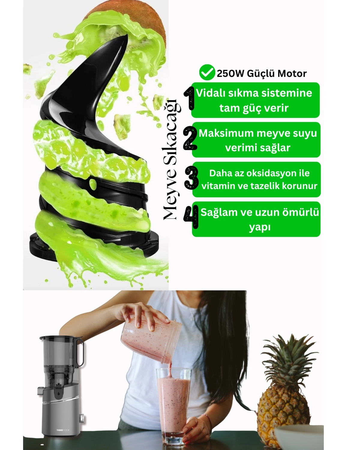 Tigrecook Slow Juicer Yavaş Sıkım Katı Meyve Sıkacağı Sorbe Ve Dondurma - Görsel 3