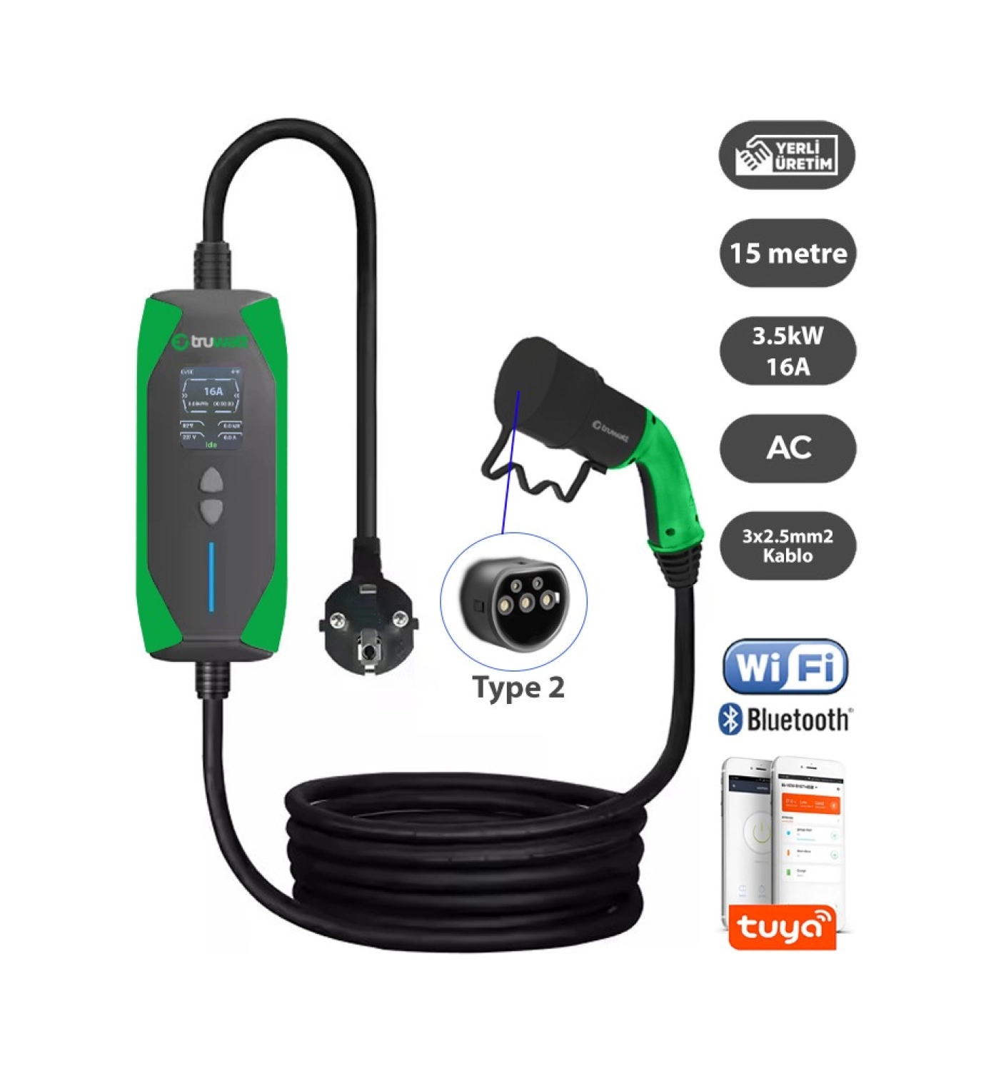Truwatt Zt215 Taşınabilir Elektrikli Araç Şarj Cihazı 16A/3.5Kw/220V (15 Metre) ürün görseli