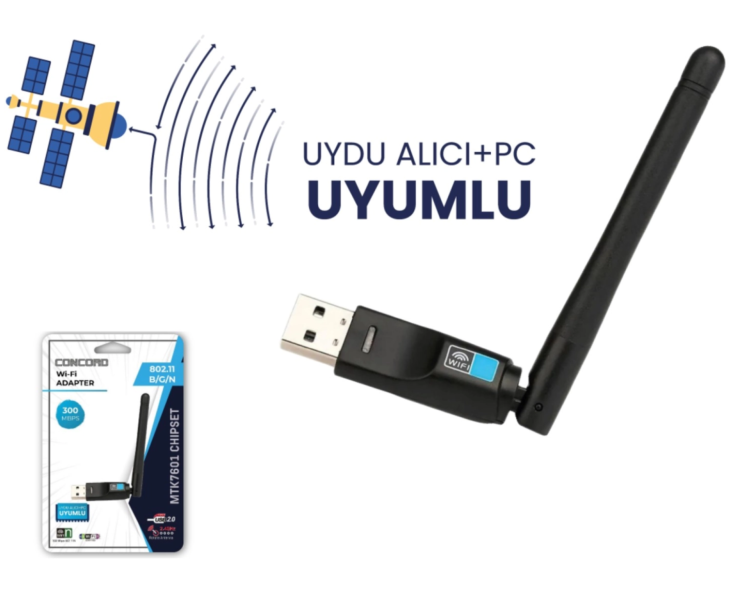 Varta Concord W-7 300Mbps Usb Antenli Uydu Alıcılı+ Pc Wifi Kablosuz Alıcı Adaptör Mtk7601 Chipset Wlan ürün görseli