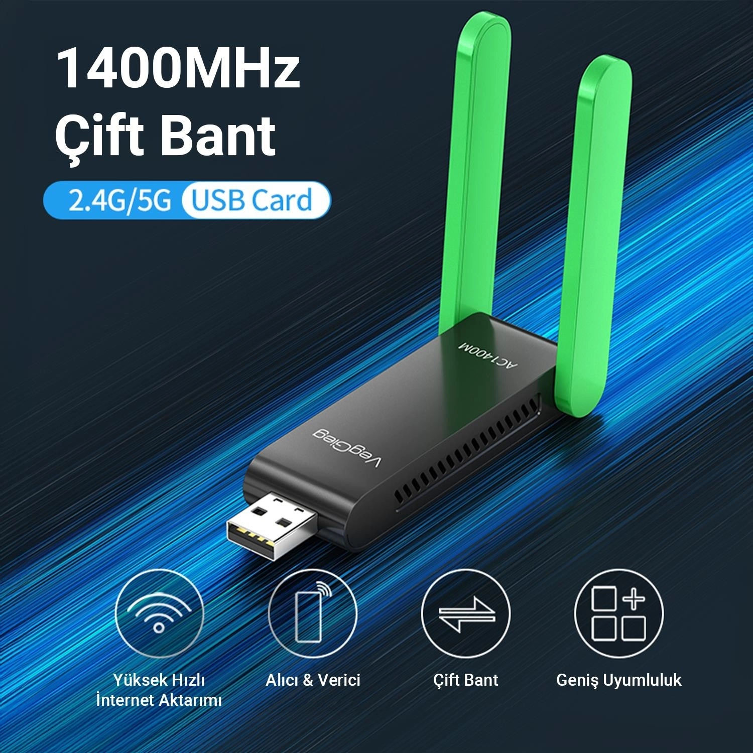 Veggieg 1400 Mbps 2.4Ghz/5Ghz Dual Band Gigabit Alıcı Verici Usb Wifi Adaptör - Görsel 5