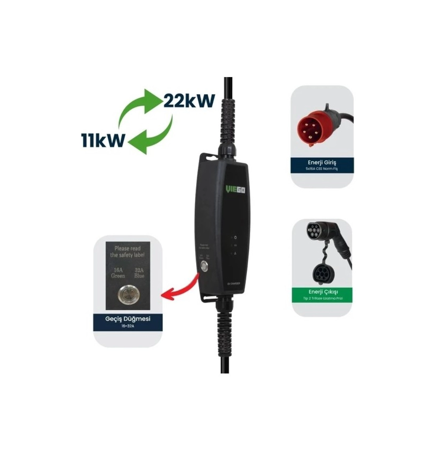 Viego Taşınabilir Elektrikli Araç Trifaze Şarj Cihazı 11/22Kw Ilave Ev Prizi Dönüştürücülü - Görsel 2