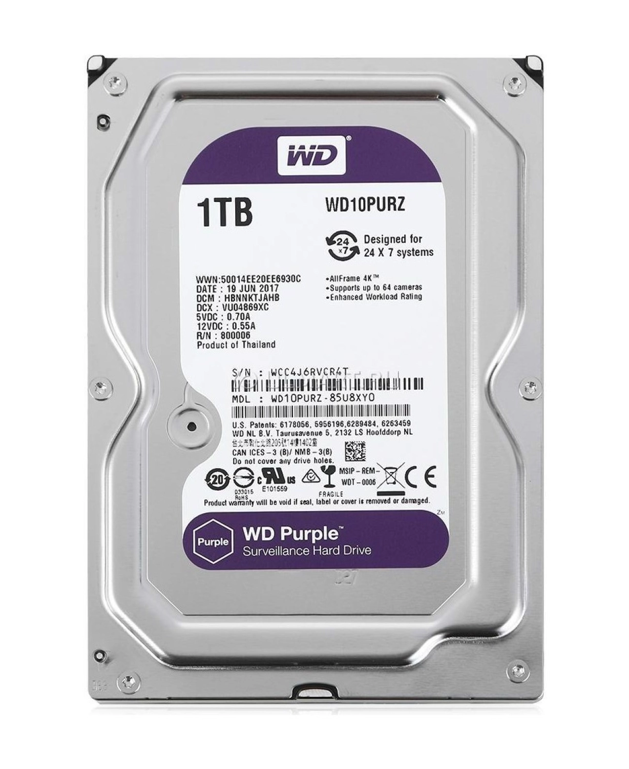 Wd 1 Tb Wd 3.5 Purple Sata3 5400Rpm 64Mb 7/24 Guvenlık Wd11Purz ürün görseli